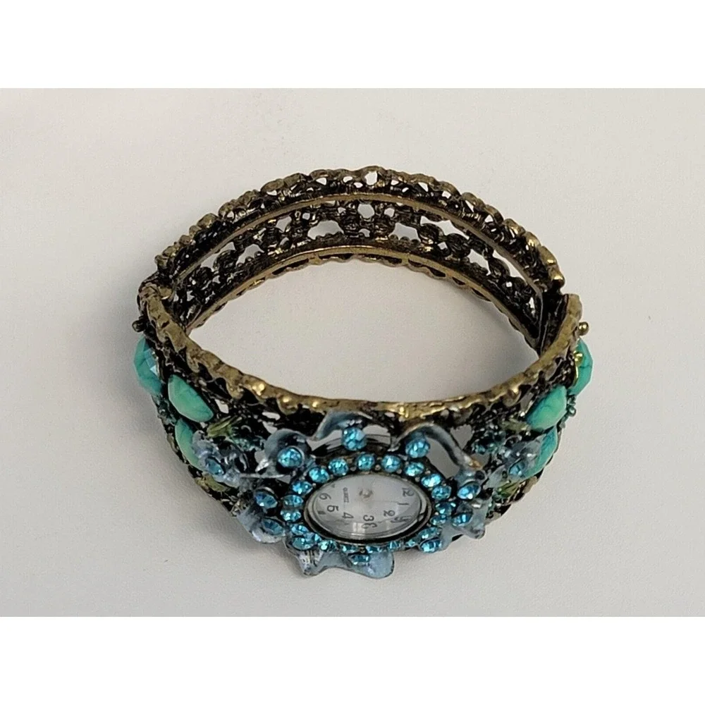 Vintage Avon Women's Elegant‎ Quartz Teal Peacock Bracelet Bangle Wrist Watch
